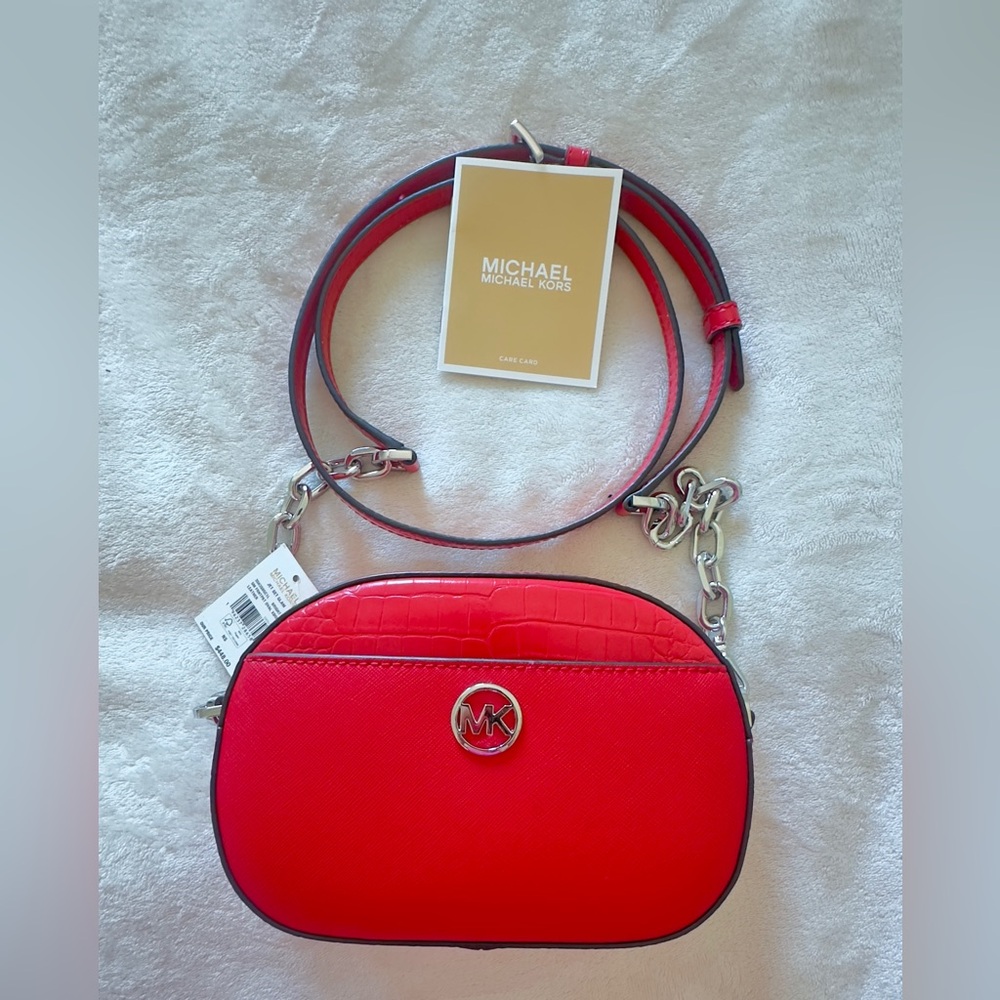 MICHAEL KORS Jet Set Glam Oval Crossbody Bag Small Bright Red NWT